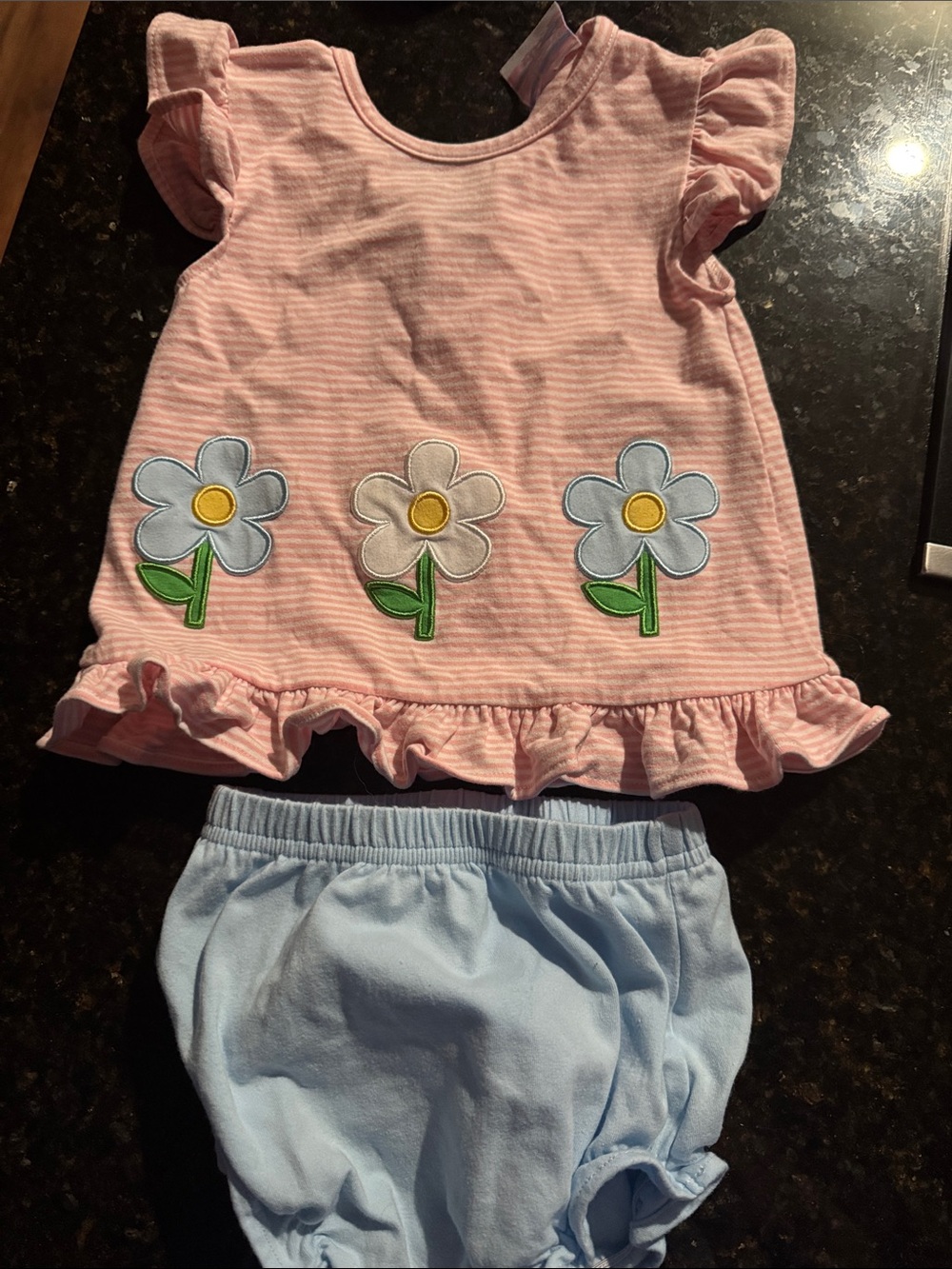 Toddler Pink Striped Floral Applique Ruffle Top with Light Blue Bloomers